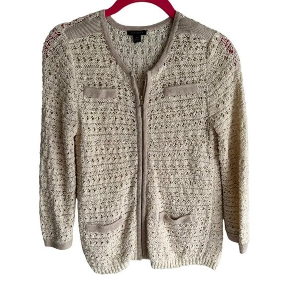 ANN TAYLOR Ivory Crochet Full Zip Ladies Casual Cardigan Sweater, XS